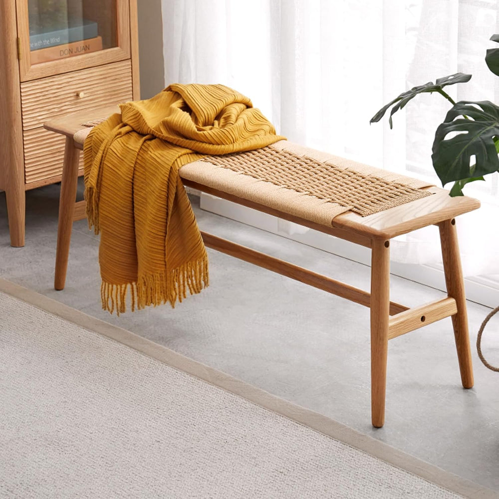 100% Solid Oak Farmhouse Entryway Bench, Wooden Bench Indoor with Hand Woven ...
