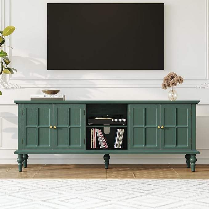 3More 67" Mid Century Modern TV Stand with Window Design,Wood Entertainment Center with Open Shelf,Up to 70" Media TV for Living Room or Bedroom,Green