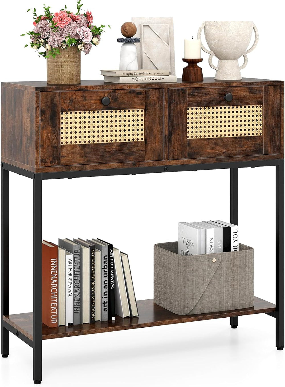GOFLAME Rattan Console Table, Boho Entryway Table with 2 Drawers & Open S...