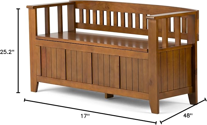 SIMPLIHOME Acadian Entryway Storage Bench - 48 inch Wide Solid Wood Hallway Seat in Light Avalon Brown, Transitional Bench for Entryway or Living Room with Lift-Up Lid and Spacious Storage