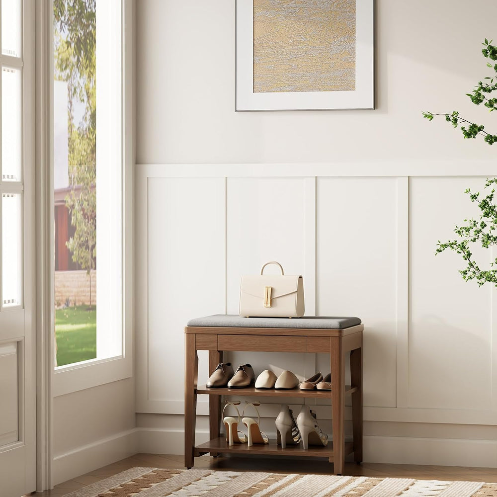 Small Shoe Bench with Storage, Wooden Shoe Storage Bench with Cushion&Hid...