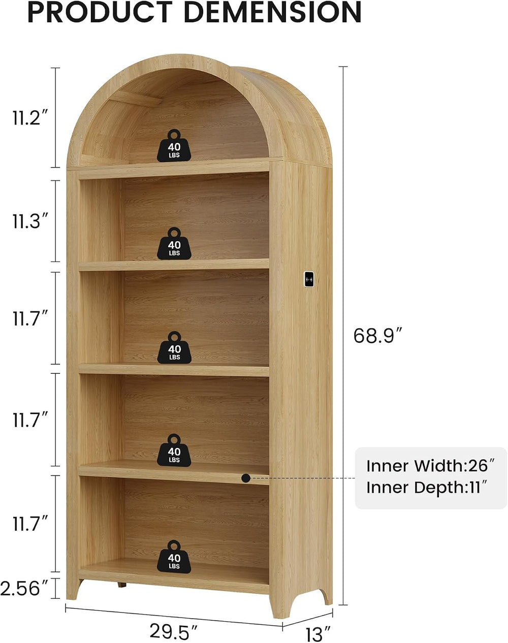 Arched Bookshelf with 5 Tiers and 3-Color LED Sensor Lights - Wood