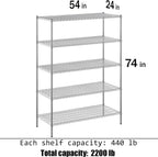 24" Deep x 54" Wide x 74" Height Wire Shelving Kit | 5-Tier | NSF Commercial Storage Rack Unit