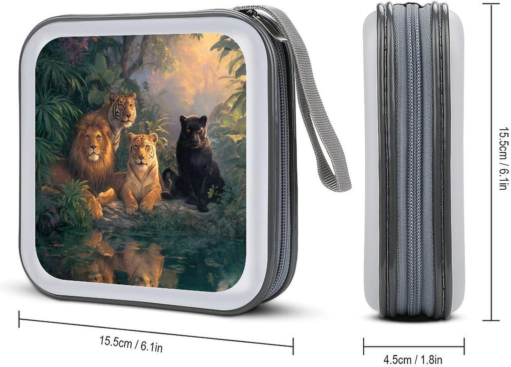 Tiger Lionpanther Print CD Case 40 Capacity DVD Case Holder Wallet Organizer for Car Home