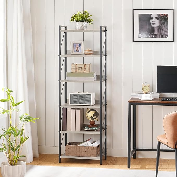 HOOBRO Bookshelf, 6-Tier Industrial Bookcase, Book Shelf Storage Organizer, T...