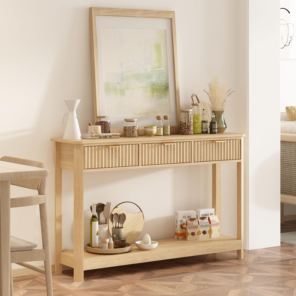 RUSTOWN Fluted Wood Console Table with 3 Drawers, 47.2" Boho Entryway Table