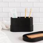 Matte Black Large Toothbrush and Toothpaste Holder and Cup for Bathroom Vanity and Countertop, 2 Compartment Organizer for Electric Toothbrushes, Floss, Razors, Cotton, and Mouthwash - YEW DESIGN
