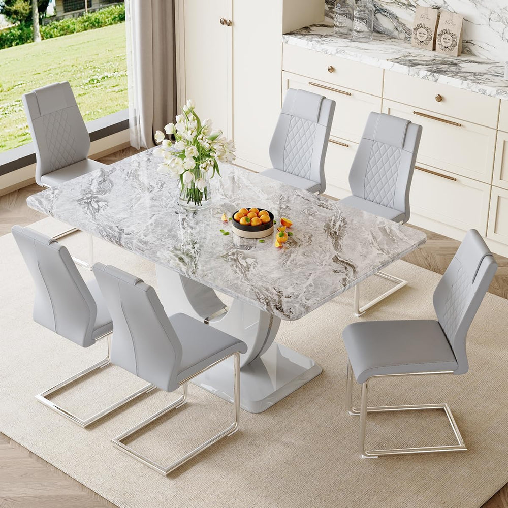 JUFU 7-Piece Dining Table Set for 6, 63-Inch Faux Marble, Light Grey