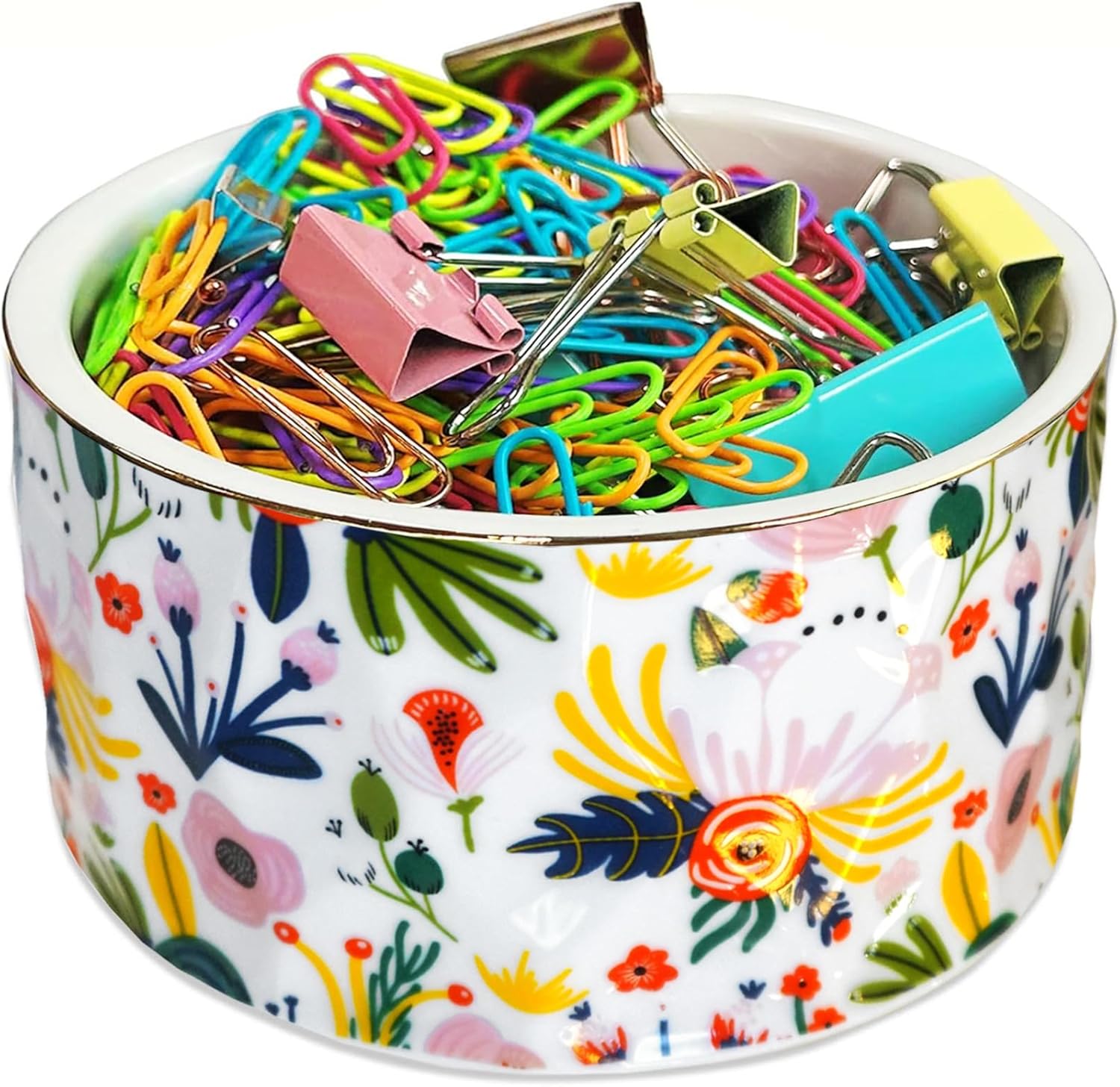 Paper Clip Holder Ceramic Paper Clip Holders Garden Floral Paperclips Holder Dispenser Cute Gold Line Paper Clip Organizer for Desk Binder Clip Holder Bobby Pin Hair Gift for Office Mint Flowers