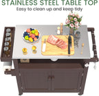 Weatherproof HIPS Outdoor Kitchen Island with Stainless Steel Top & Storage Cabinet, Movable Prep Table with Wheels for BBQ Food Prep, Outdoor Grill Cart for Parties, Brown