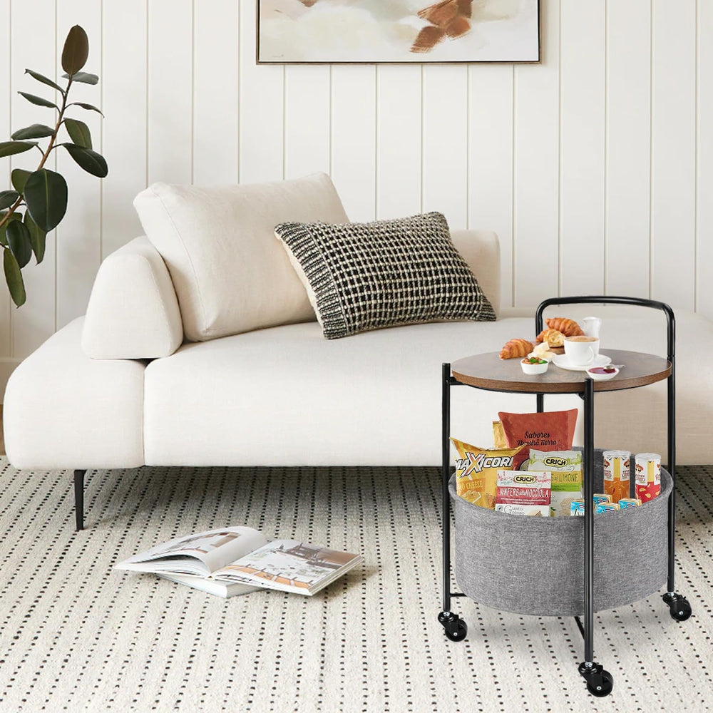 Rolling Round Metal Side Table,2-Tier Storage Side Table with Wheels,End Coff...