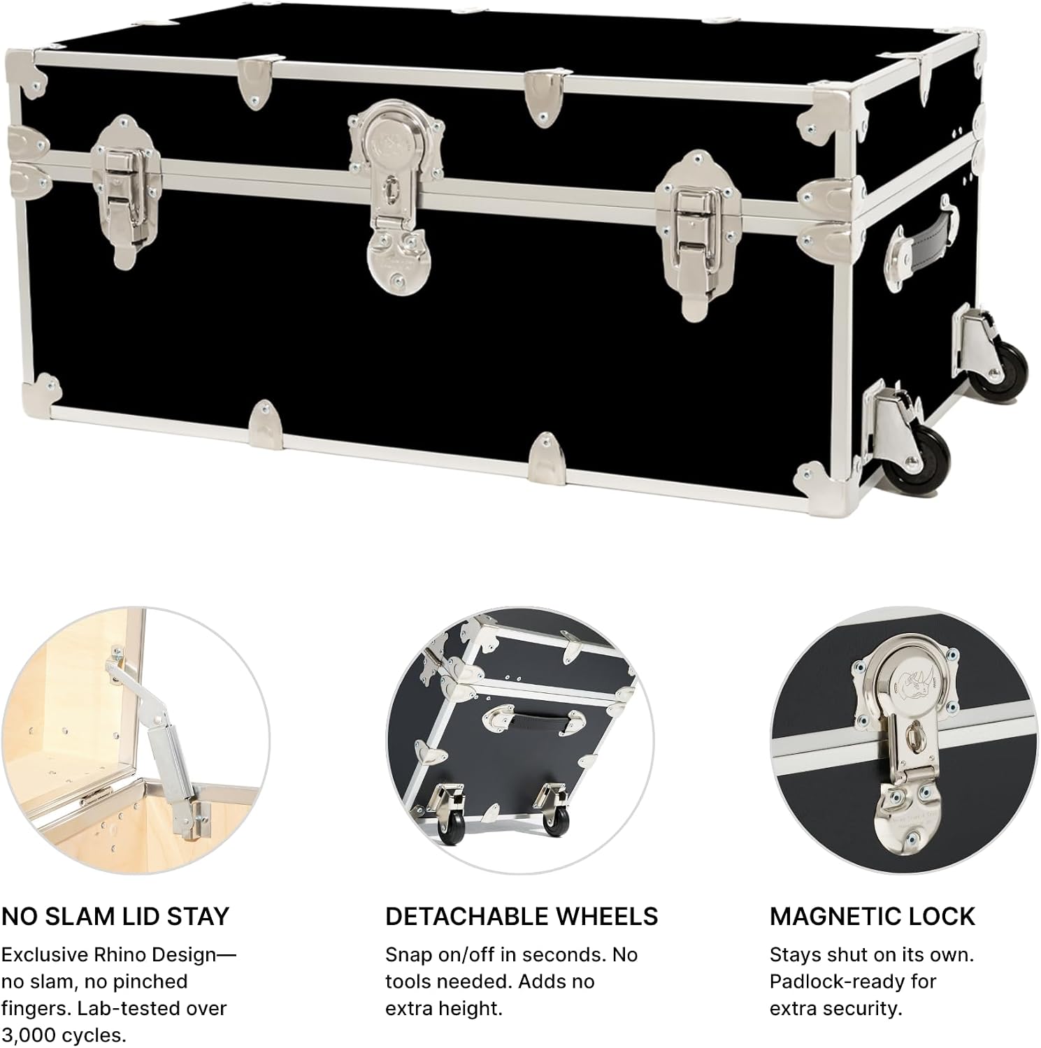 Rhino Classic Camp & College Trunk with Wheels, Footlocker, Dorm Storage | 30"L x 17"W x 13"H, 1500+ lb Capacity, Baltic Birch Plywood, Nickel Plated Steel, Lockable, College Dorm, Summer Camp