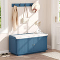 Hall Tree with Bench and Shoe Storage, Entryway Bench with Sliding Door Cabinet, Removable Padded, Metal Wall Hooks and Adjustable Storage Compartments, for Entry, Hallway, Living Room, Blue