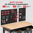 Work Bench with Storage Adjustable Workbenches with Drawer for Garage 48 Inch Rubber Wood Top Garage Workbench with Pegboard, Power Outlets for Woodworking,Home, Office, Workshop