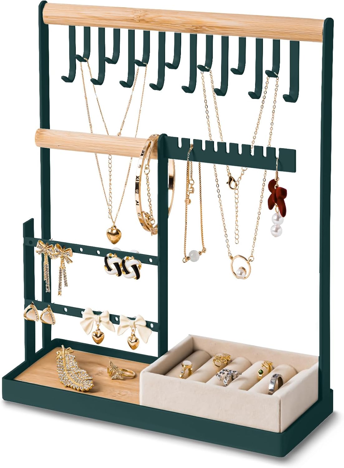 DreamGenius Jewelry Organizer Stand with Velvet Ring Holder, 4 Tier Jewelry Holder Organizer with 15 Hooks for Necklaces and 16 Holes for Earrings, Green