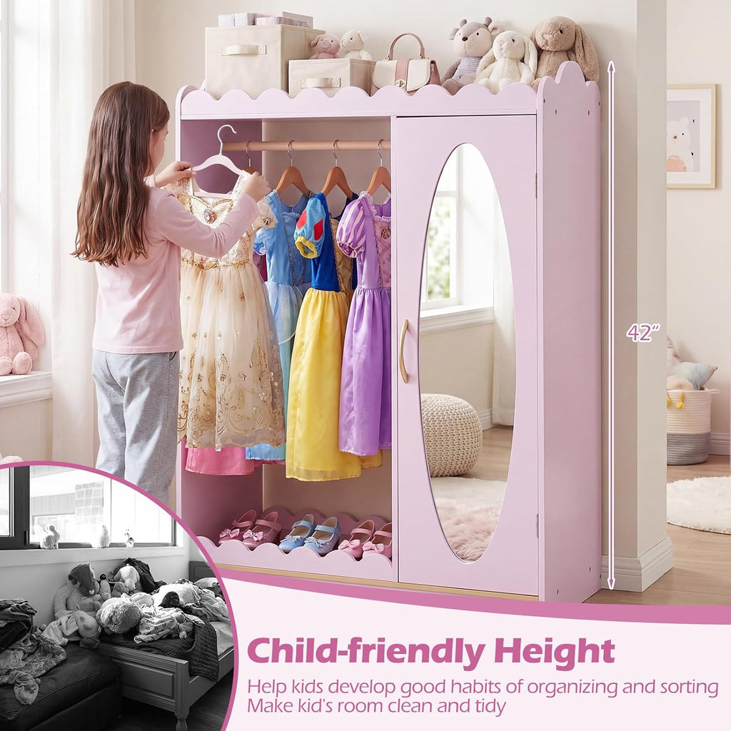 Costzon Kids Dress Up Storage with Mirror, Toddler Wardrobe Closet with Open Hanging Clothing Rack, Cabinet & Shelves, Kids Armoire & Costume Organizer for Bedroom, Kids Room, Playroom (Pink)