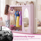 Costzon Kids Dress Up Storage with Mirror, Toddler Wardrobe Closet with Open Hanging Clothing Rack, Cabinet & Shelves, Kids Armoire & Costume Organizer for Bedroom, Kids Room, Playroom (Pink)