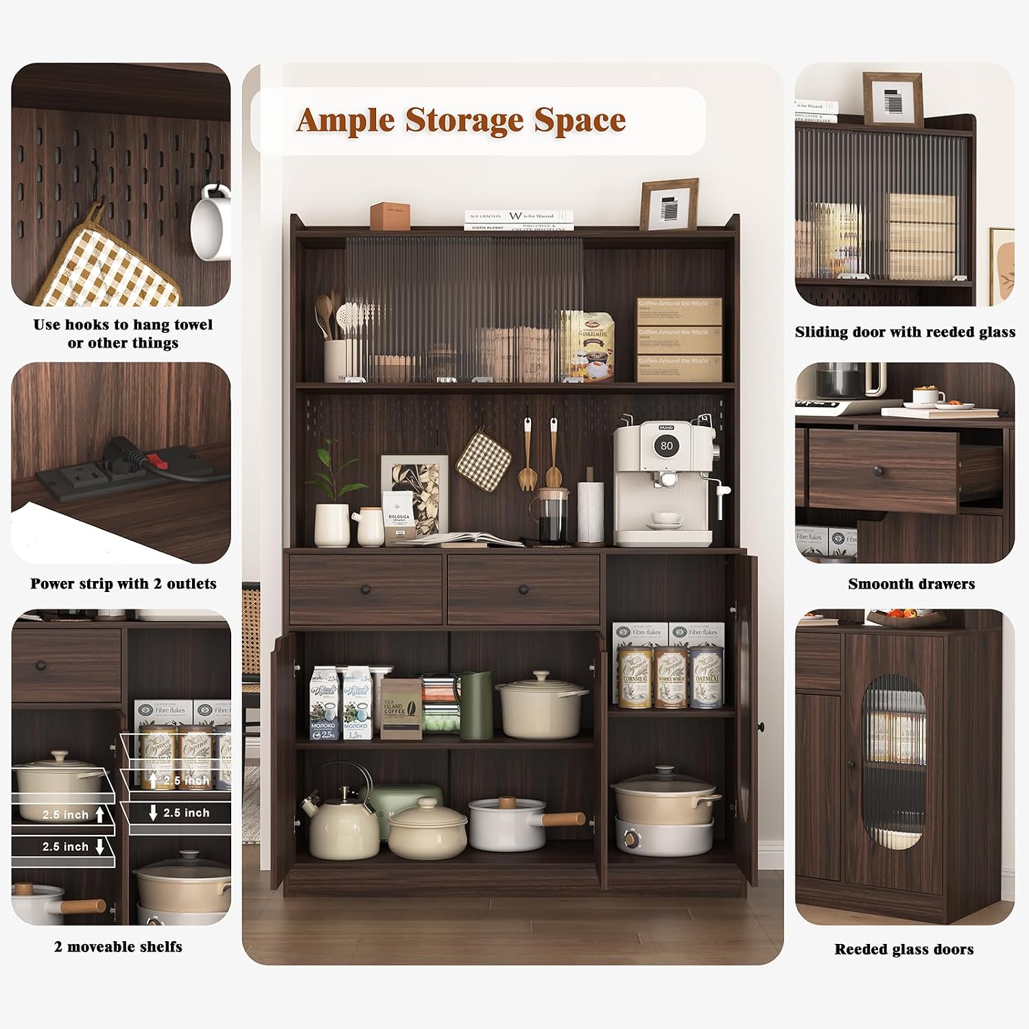 71" Freestanding Kitchen Pantry, Large Dish Storage Cabinet with Fluted Glass Doors and Microwave Stand for Kitchen, Dining and Living Room Walnut