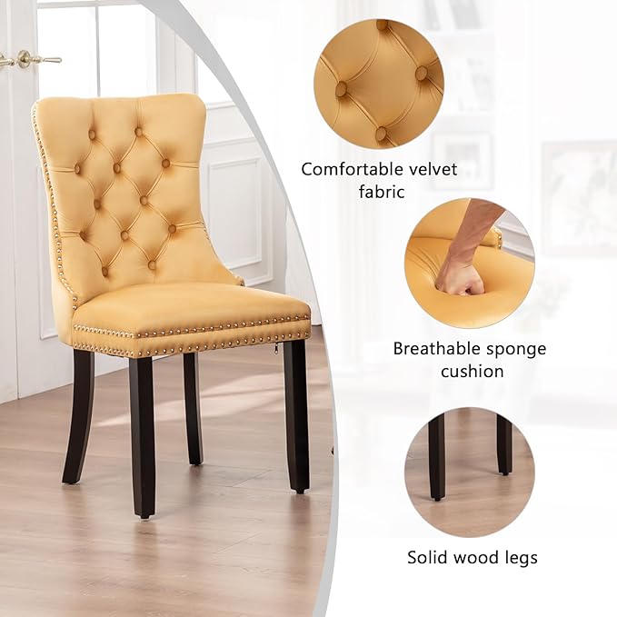 Velvet Dining Chairs Set of 6,Upholstered Dining Chairs with Ring Pull Trim and Button Back,Modern Seating for Kitchen, Bedroom & Living Room(Gold)