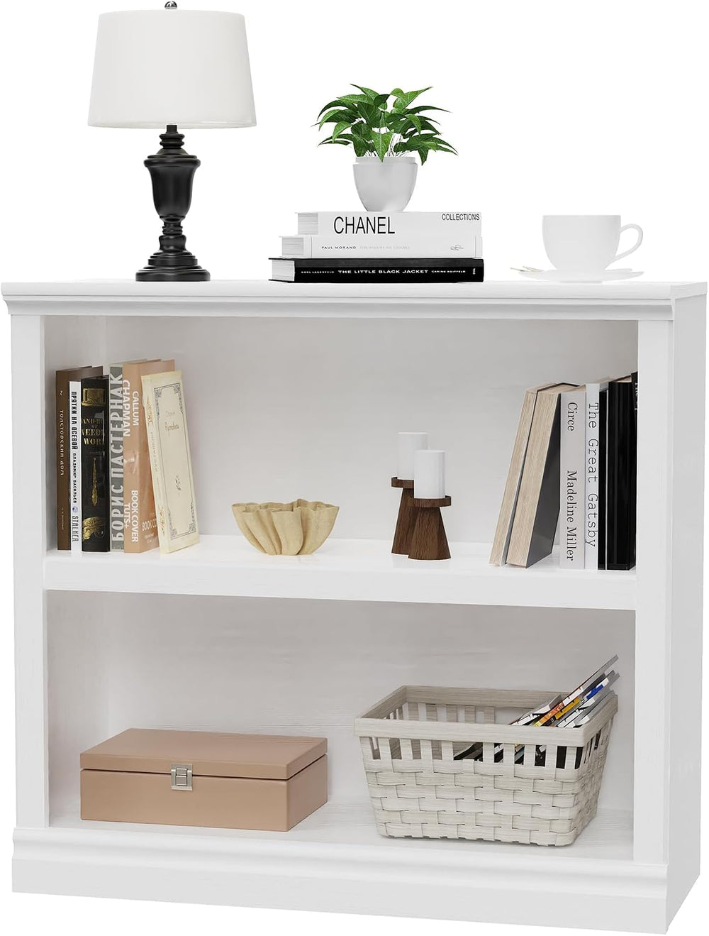 blini 2-Shelf White Bookcase Wooden Bookshelves 33in Wide Floor Standing Disp...