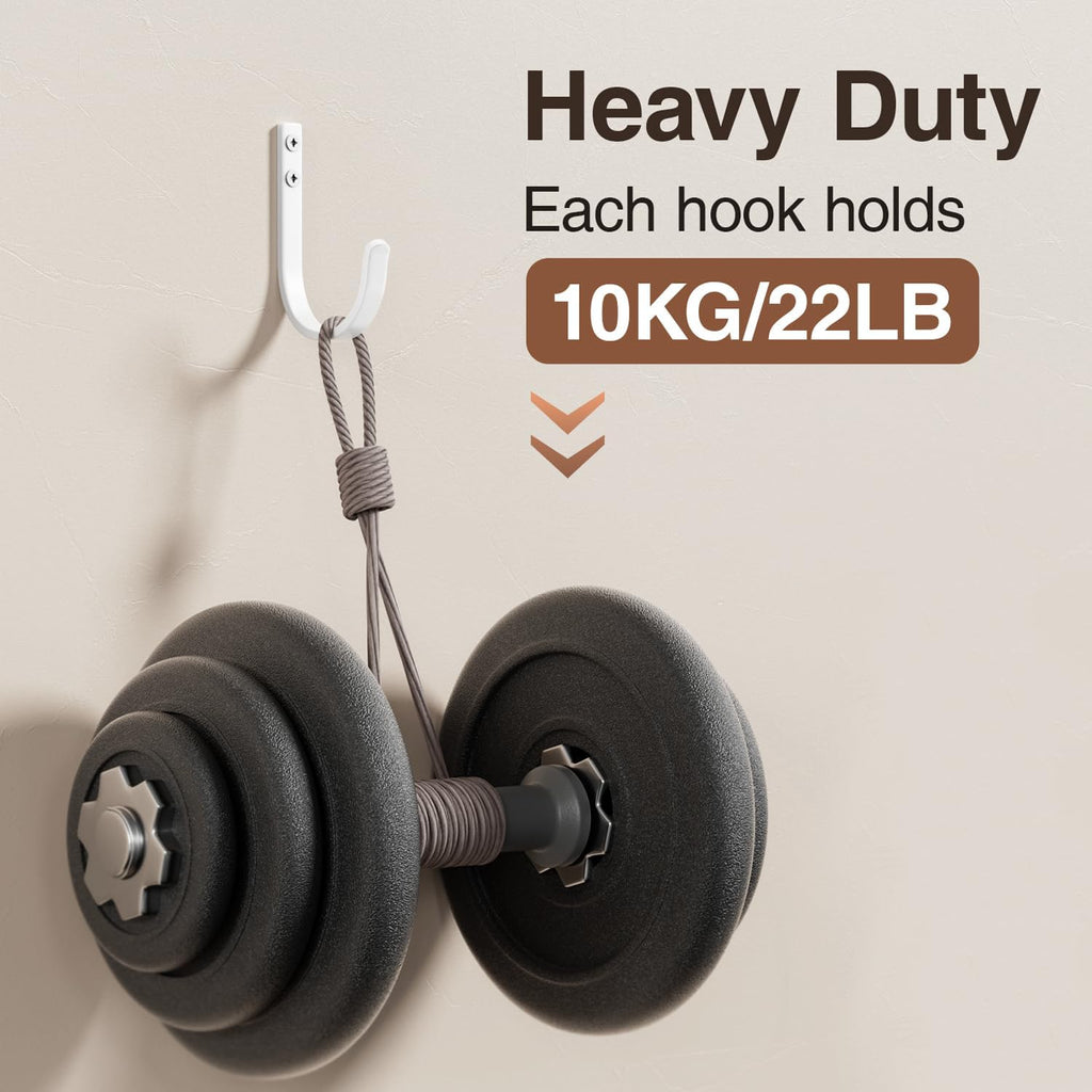 10-Pack Wall Hooks for Towel/Coat - 22LB Heavy Duty Metal Hanger Wall Mount, for Outdoor, Closet, Door, Shelf, Bathroom, for Backpack, Cup, Clothes, Mug, White Matte Screws Included