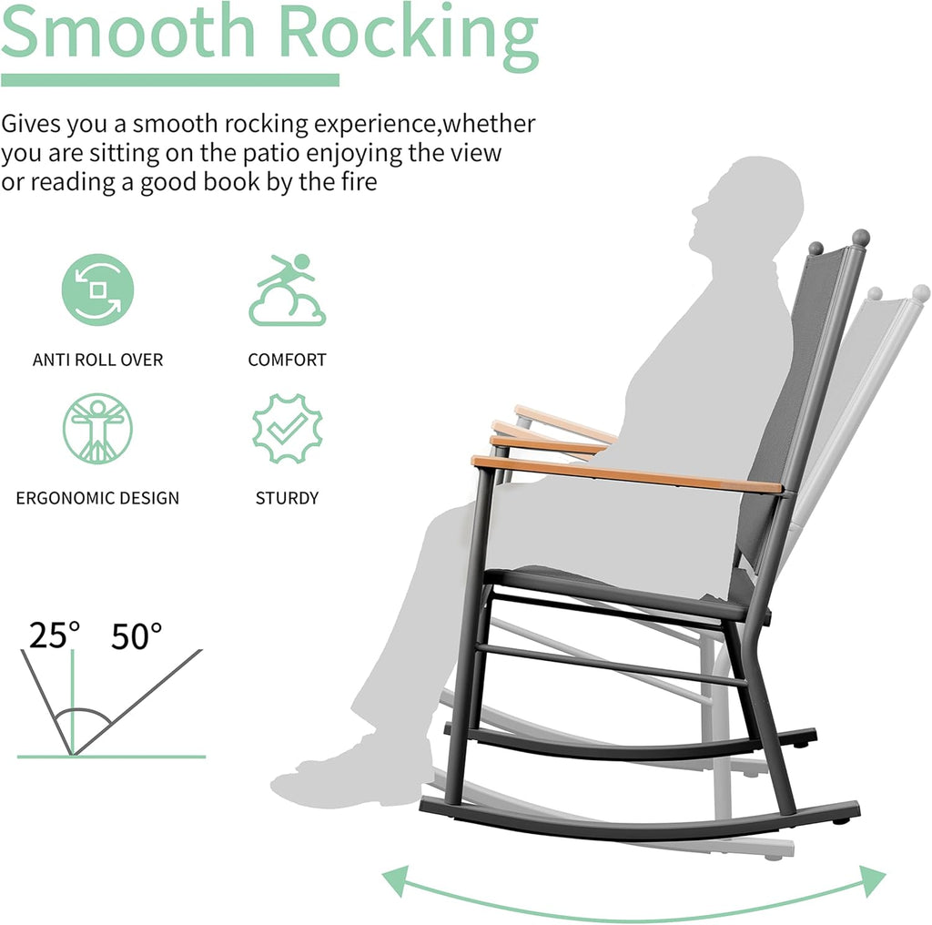 JY QAQA Outdoor Rocking Chair Set of 2, High Back All-Weather Patio Rocking Chairs with Breathable Back Rest for Adult, Ergonomic Design Porch Rocking Chairs for Porch, Garden, Balcony, Pool, Black