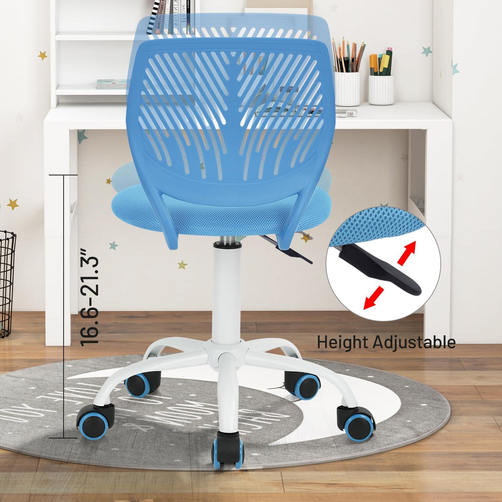 FurnitureR Rolling Study Mesh Desk Chair, Ergonomic Armless Compact Adjsutable Swivel Task Chair with Soft Cushion ad Plastic Mid-Back for Students Teens Children Kids, Sky Blue