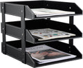 KINGFOM Letter Tray, Leather Paper Organizer Tray, Wooden Desk File Holder, Desktop File, Stackable Magazine Holder, Mail Sorter, Great for Home or Office - 3 Level Black