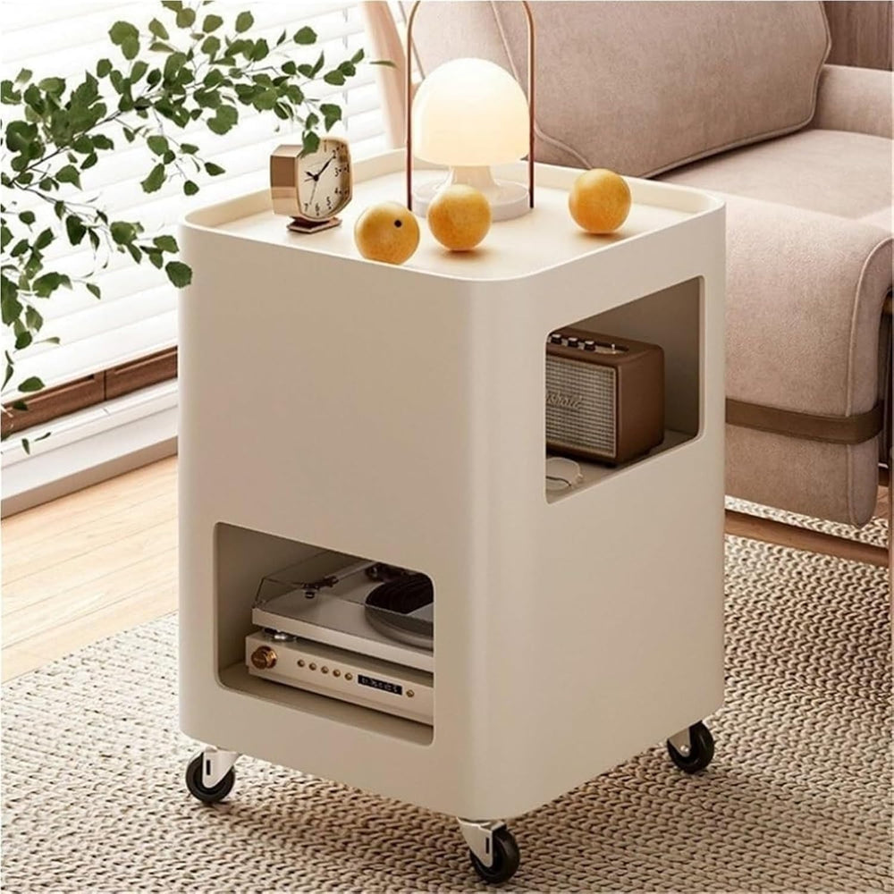 Cream Style Side Table with Wheels Mobile TV Tray Cart Square Bedside Table w...