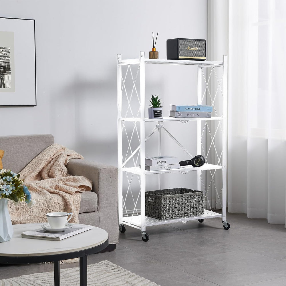 BRIAN & DANY 4-Tier Foldable Storage Shelves with Wheels, Folding Metal R...