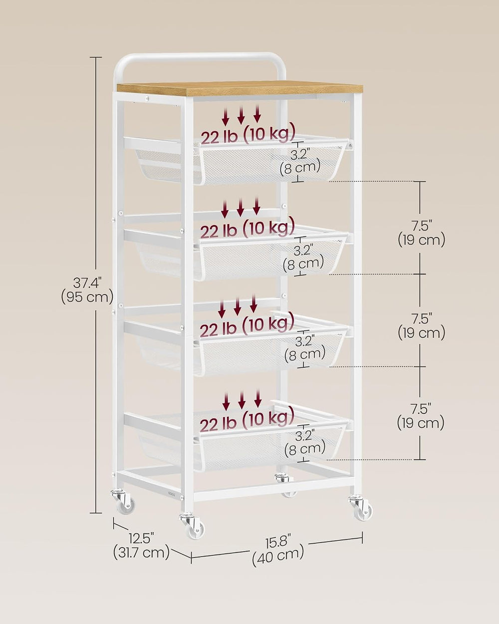 VASAGLE Storage Rolling Cart with Pull-Out Baskets, 5-Tier Utility Cart Orgni...