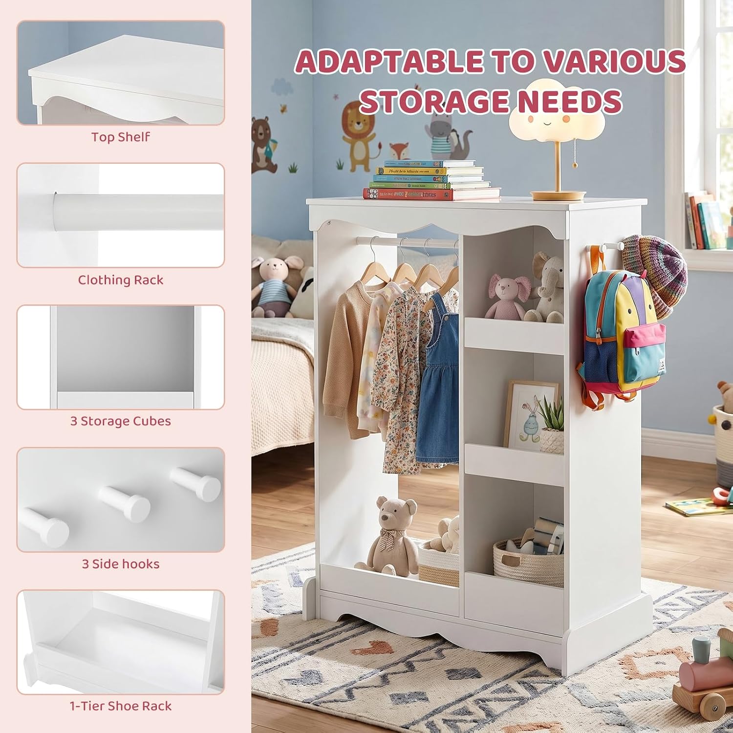 VOWNER Kids Wooden Dress Up Storage with Full-Length Mirror and Storage Shelves (White)
