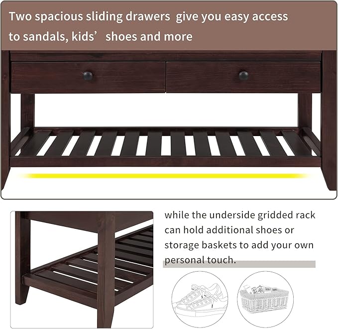 39″ Storage Bench with Cushioned Seat and Drawers,Multipurpose Wooden Entryway Ottoman,Hidden Compartment Organizing Shoe Rack,for Bedroom Hallway Porch,Espresso