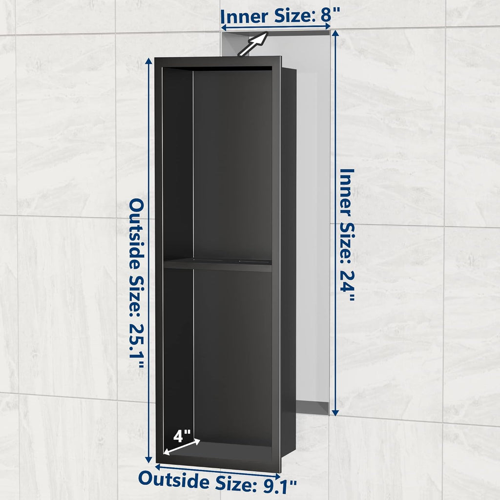 Stainless Steel Shower Niche 24" X 8", No-Tile Needed Wall Niche Double Shelves, Recessed Shower Storage, Matte Black