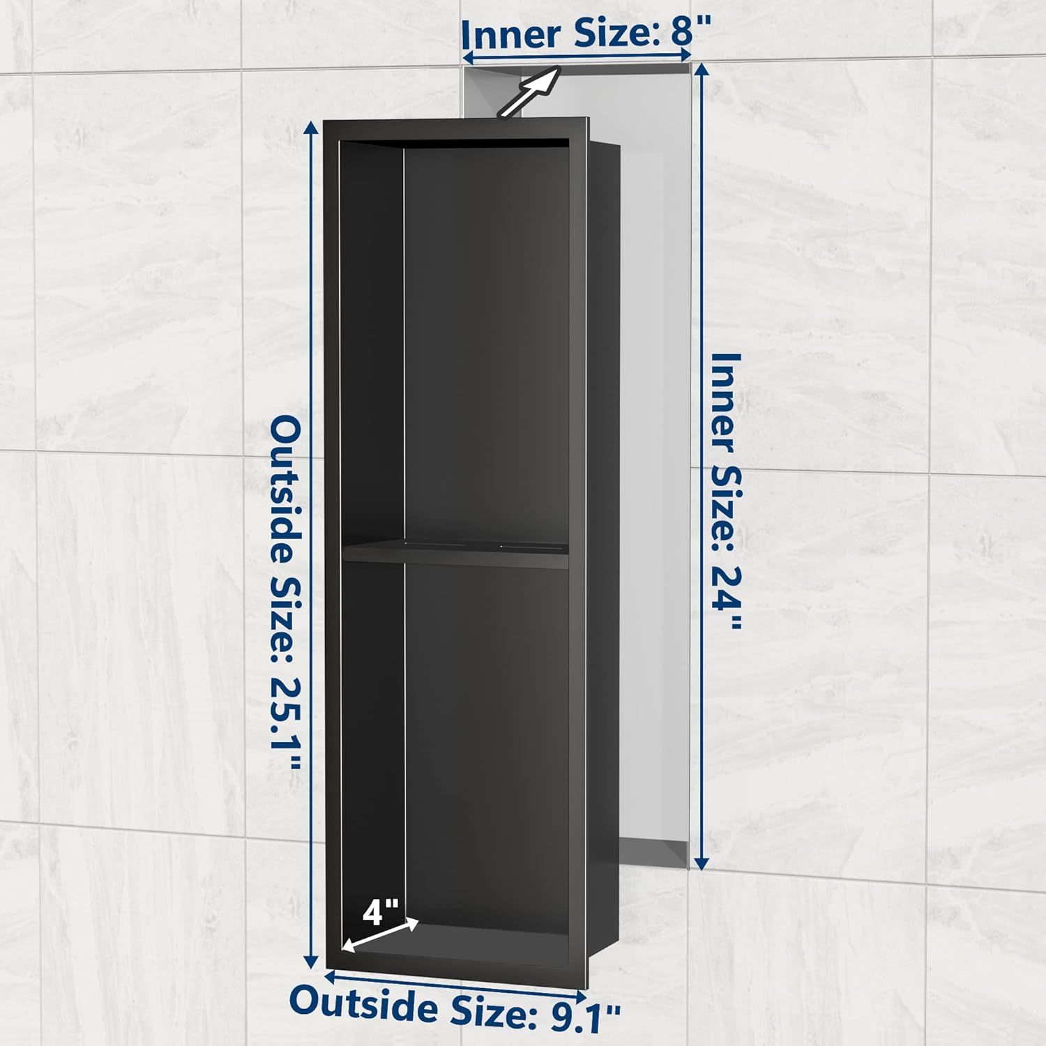 Stainless Steel Shower Niche 24" X 8", No-Tile Needed Wall Niche Double Shelves, Recessed Shower Storage, Matte Black