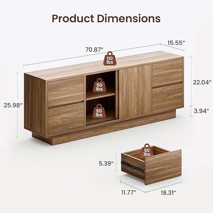 70'' Wide TV Stand for TVs Up to 75'', Wood Entertainment Center with Sliding Doors and Drawers, Television Console Storage Cabinet with Adjustable Shelves for Living Room, Bedroom, Walnut