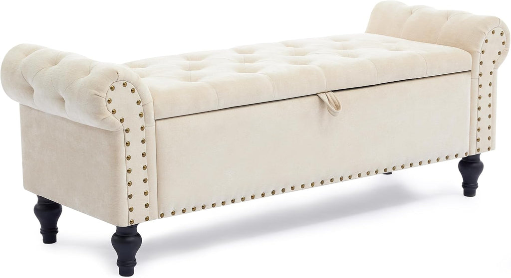 Howjoe 51" Bedroom Storage Bench, End of Bed Bench, Chenille Upholstered Benches, Ottoman with Storage, Window Benches with Rolled Arm and Nailhead Trim for Living Room, Entryway, Beige