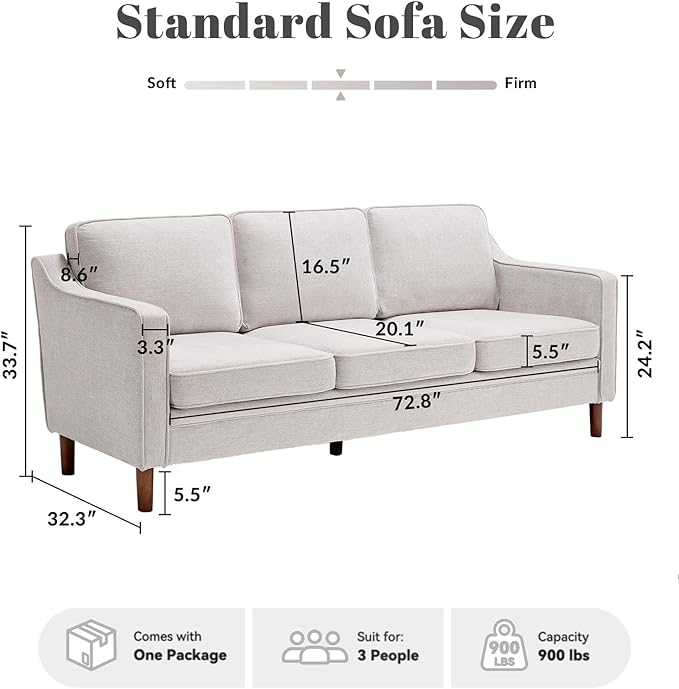 Kingfun 80" Chenille Sofa, 3 Seater Couch, Mid Century Modern Couches with Solid Wood Legs for Living Room & Bedroom, Silver Gray
