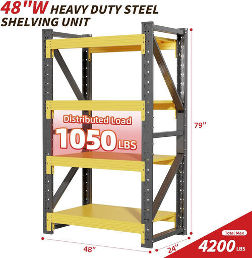 48" W Garage Shelving,4-Tier Heavy Duty Storage Shelves Unit with Adjustable Metal Shelf for Warehouse,Basement,Workshop,4200LBS,48" W x 24" D x 79" H,Black&Yellow