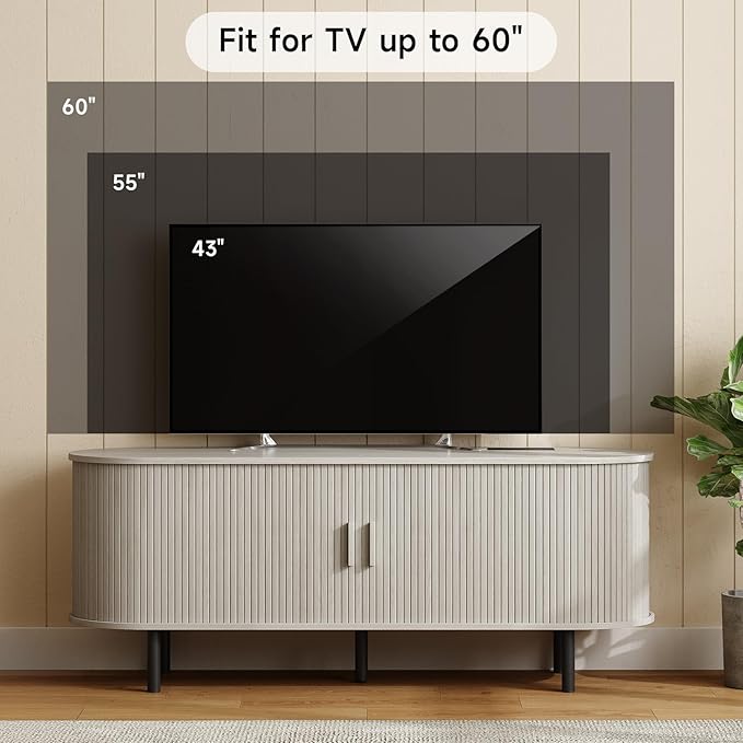 ONBRILL 55" TV Stand with Power Outlet for TVs up to 60 Inch, Entertainment Center with Storage and Adjustable Shelves, Modern Media Console with Sliding Doors for Living Room, Natural White