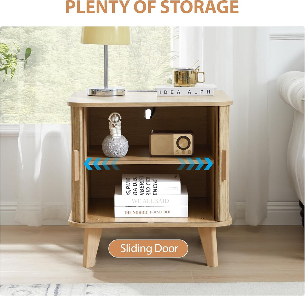Nightstands Set of 2, 24 Inch Mid-Century Fluted End Table with Charging Stat...