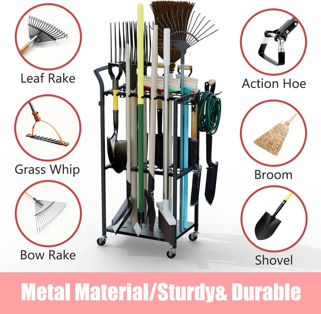 Garden Tool Organizer with Wheels, Heavy Duty Rolling Yard Tool Rack with 14 Hooks & 5 Slots, 3-Tier Metal Cart Holds 50+ Rakes/Shovels/Brooms, Mobile Lawn Storage for Garage Shed Outdoor