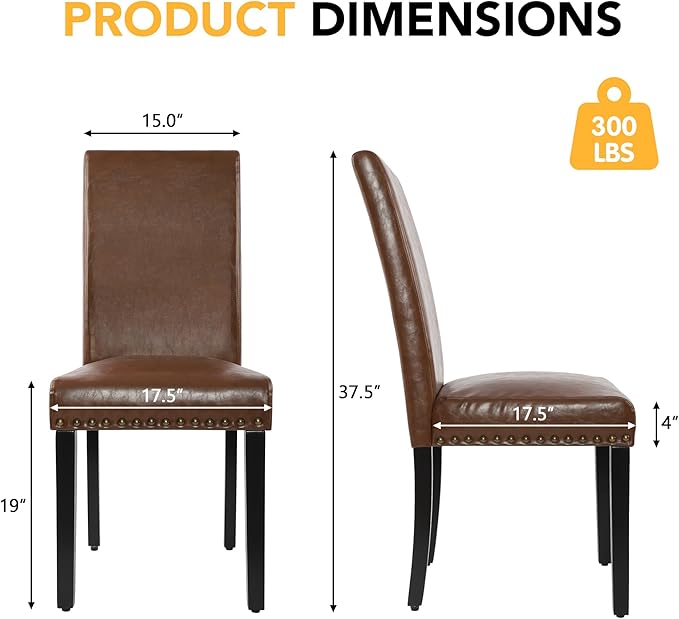 LSSPAID Dining Chairs Set of 4, PU Leather Upholstered Dining Room Chairs with Nailhead Trim and Solid Wood Legs for Home and Kitchen, Brown