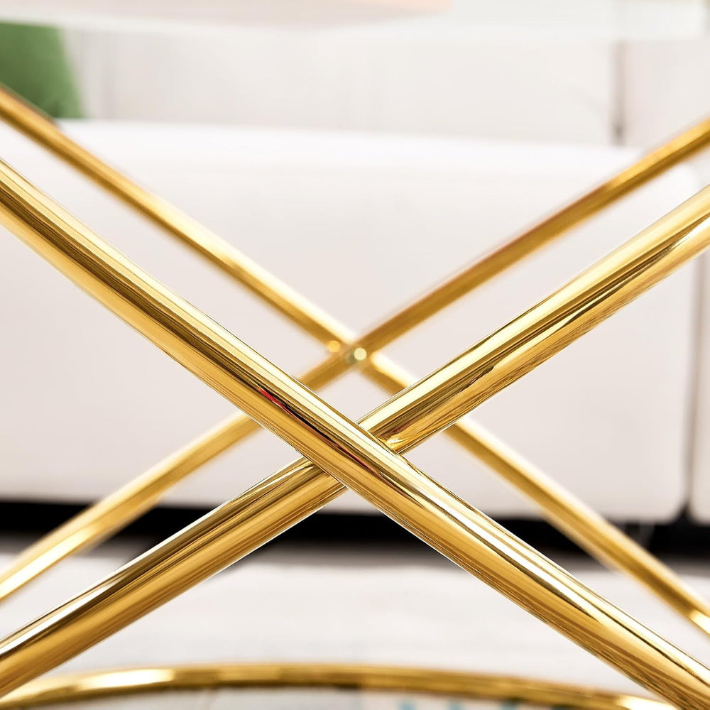 BECHAEO 19.7" Round Glass Gold Side Table with Gold-Plated Metal Ring-Sh...