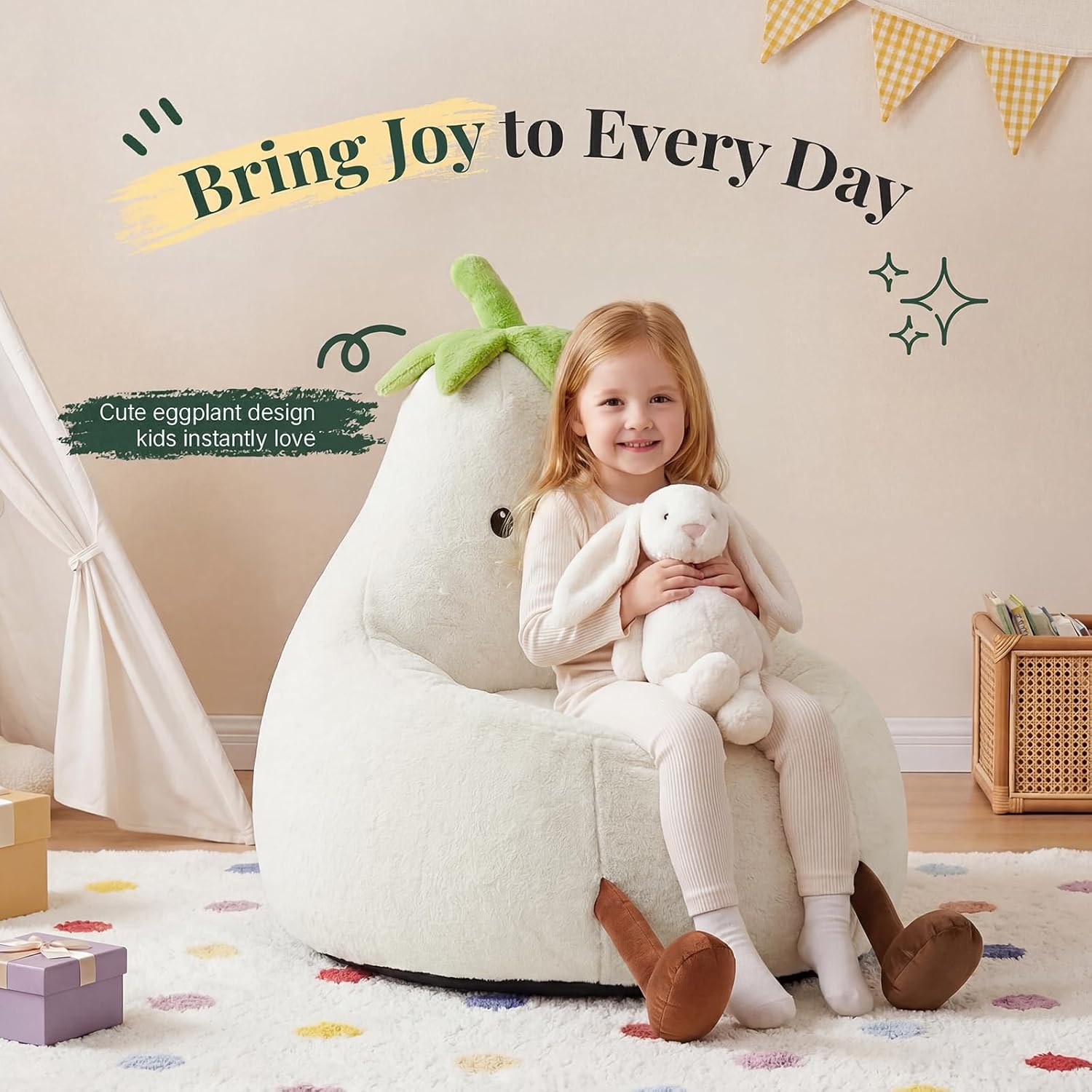 31" Kids Bean Bag Chair, Stuffed Toddler Couch with Faux Rabbit Fur Cover for Teens & Kids, Comfy Lazy Sofa Chair for Reader, Living Room, Bedroom, Aged 4-12 Years Beige