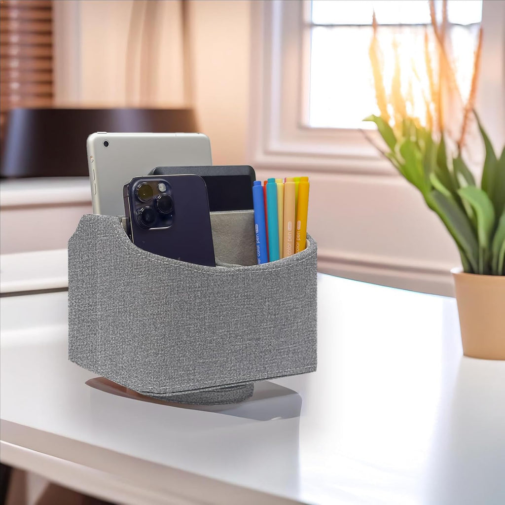 UnionBasic Rotating Desk Organizer, 360 Degree Desk Spinning Caddy, Desktop TV Guide/Mail/Media/Remote Controller Holder Organizer, Grey Linen Texture
