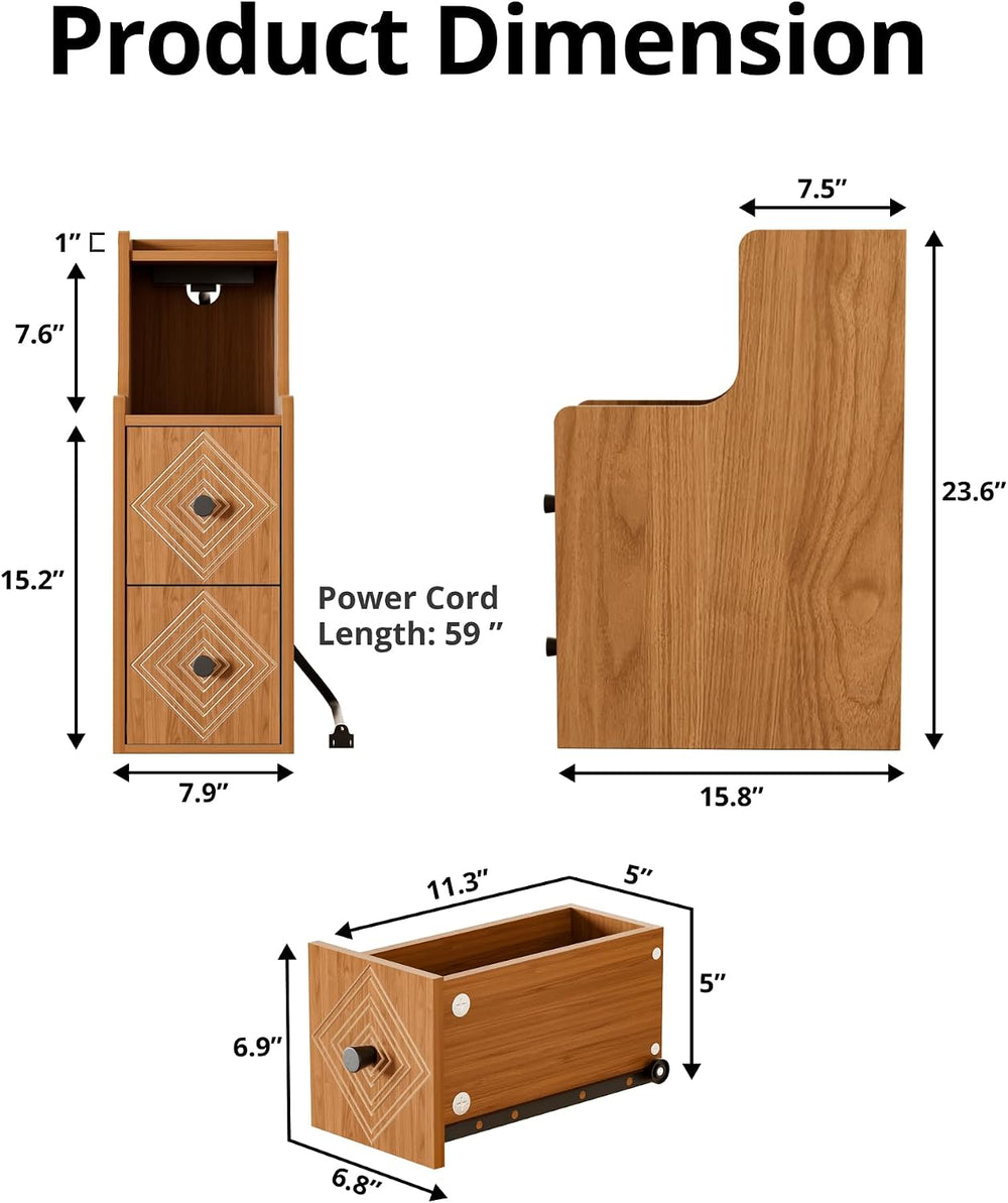 Narrow End Table Set of 2 with Charging Station, Walnut Skinny Bedside Tables...
