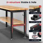 Workbench with Double Layers 48 x 20 Inch Heavy Duty Rubberwood Tabletop Work Table for Garage Adjustable Height Work Bench with Power Outlets Pegboard Pad for Woodworking Shop, Home, Office