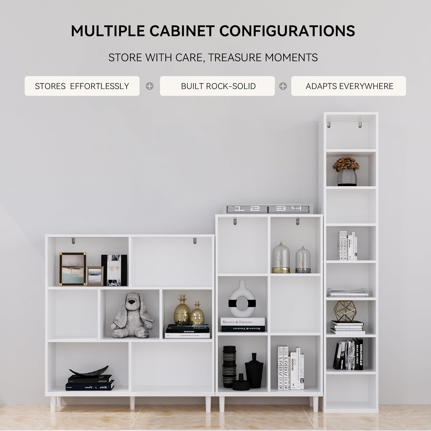 Wood Cube Storage Organizer White Bookshelf - 1-Tier Freestanding Storage Cabinet with Legs for Home Office, 8-Cubes Open Shelf
