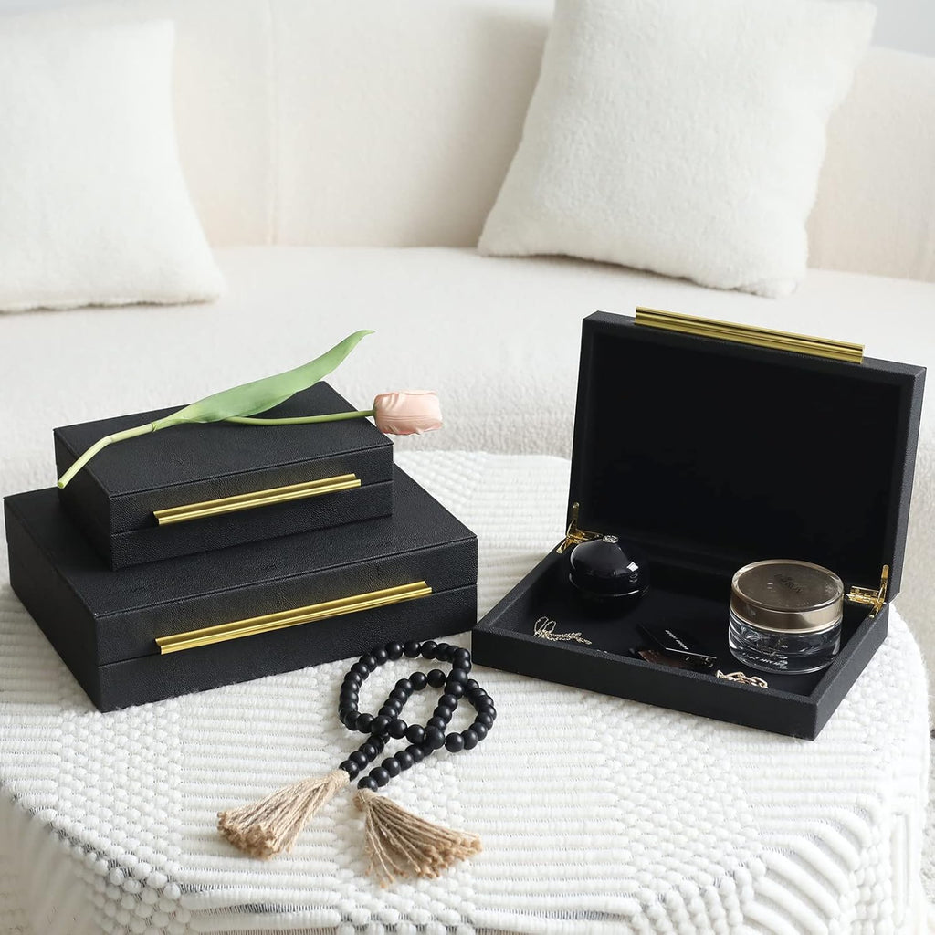 Faux Shagreen Leather Jewelry Storage Boxes Set of 3 with Gold Handles, Velvet Lined Stackable Organizer for Women, Vanity, Dresser, Gift, Black